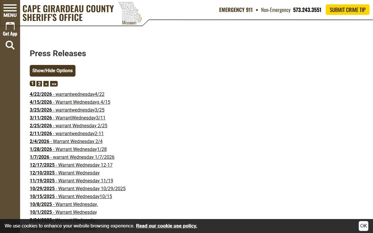 Cape Girardeau County court records sheriff warrant press releases
