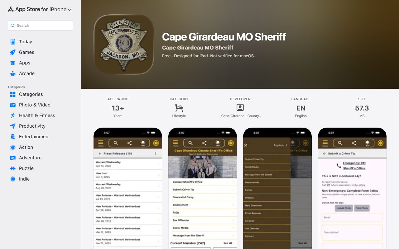 Cape Girardeau County inmate records Apple sheriff app listing
