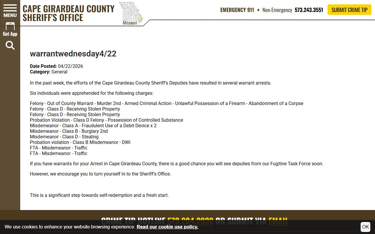Cape Girardeau County warrant records Warrant Wednesday release